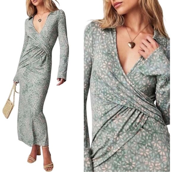 Free People NWT Mint Print Shayla Faux Wrap Maxi Long Sleeve Wrap Dress - Picture 1 of 16